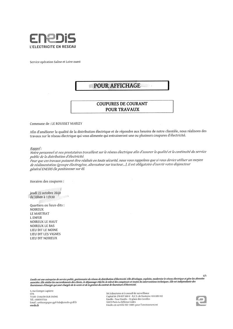 Document informatif portant sur la coupure de courant prévue le 22 octobre 2020