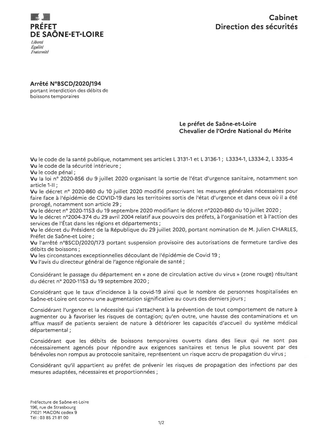 Arrêté préfectoral du 9 octobre 2020 portant sur l'interdiction des débits de boissons temporaires