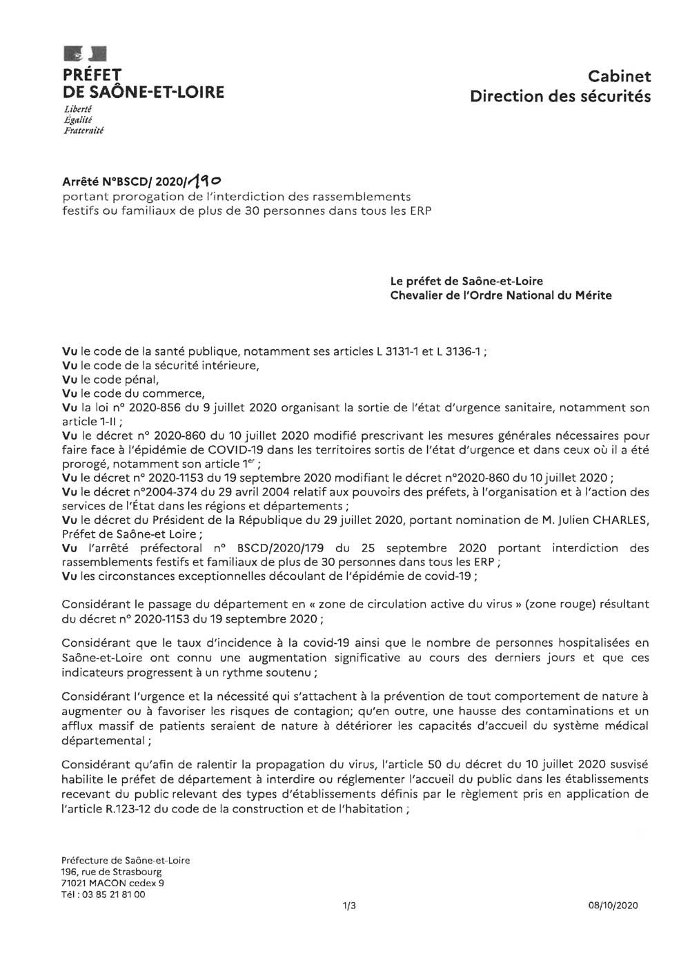 Arrêté préfectoral du 9 octobre 2020 portant prorogation de l'interdiction des rassemblements festifs ou familiaux de plus de 30 personnes dans tous les ERP