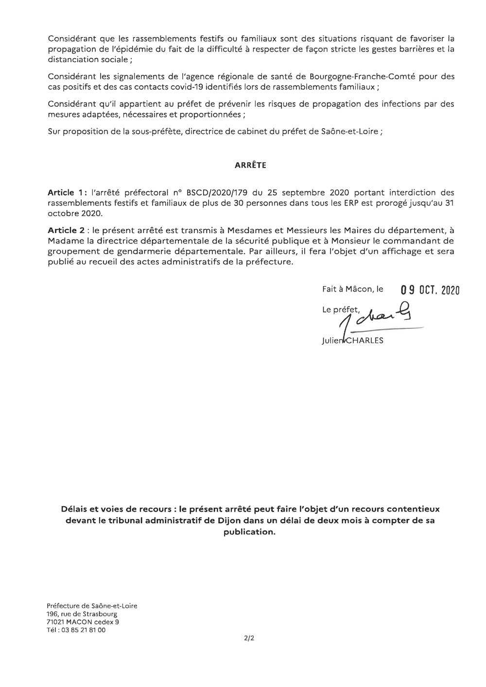 Arrêté préfectoral du 9 octobre 2020 portant prorogation de l'interdiction des rassemblements festifs ou familiaux de plus de 30 personnes dans tous les ERP