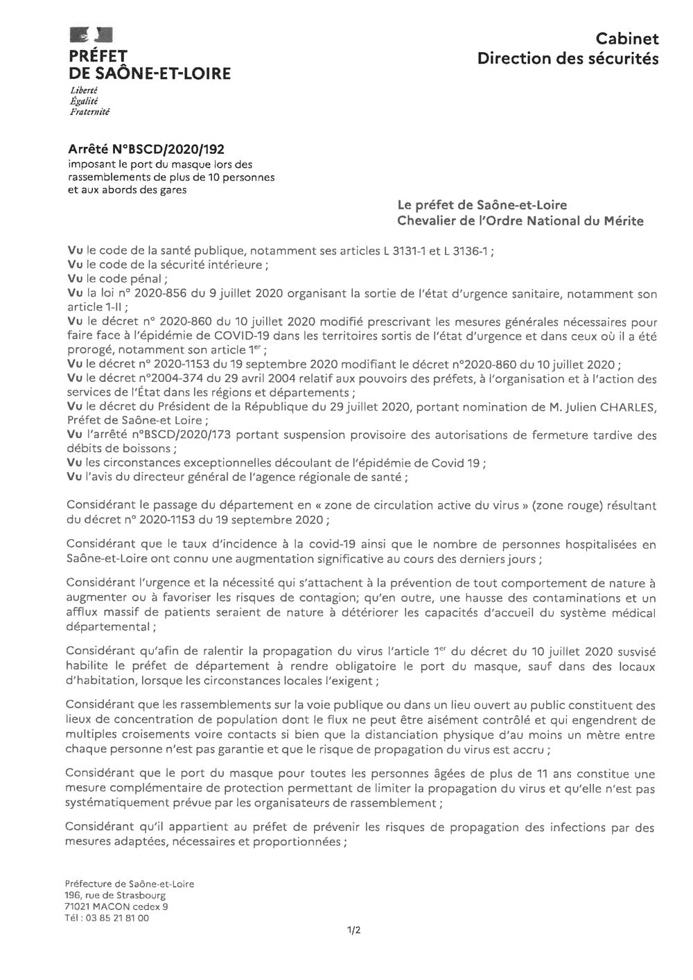 Arrêté préfectoral du 9 octobre 2020 imposant le port du masque lors des rassemblement de plus de 10 personnes et aux abords des gares