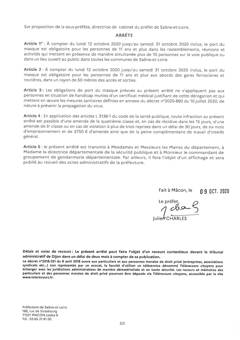 Arrêté préfectoral du 9 octobre 2020 imposant le port du masque lors des rassemblement de plus de 10 personnes et aux abords des gares