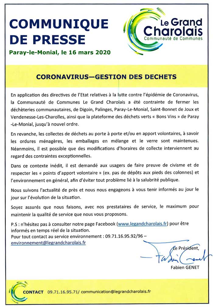 Communiqué de presse portant sur la gestion des déchets durant la période de confinement COVID-19