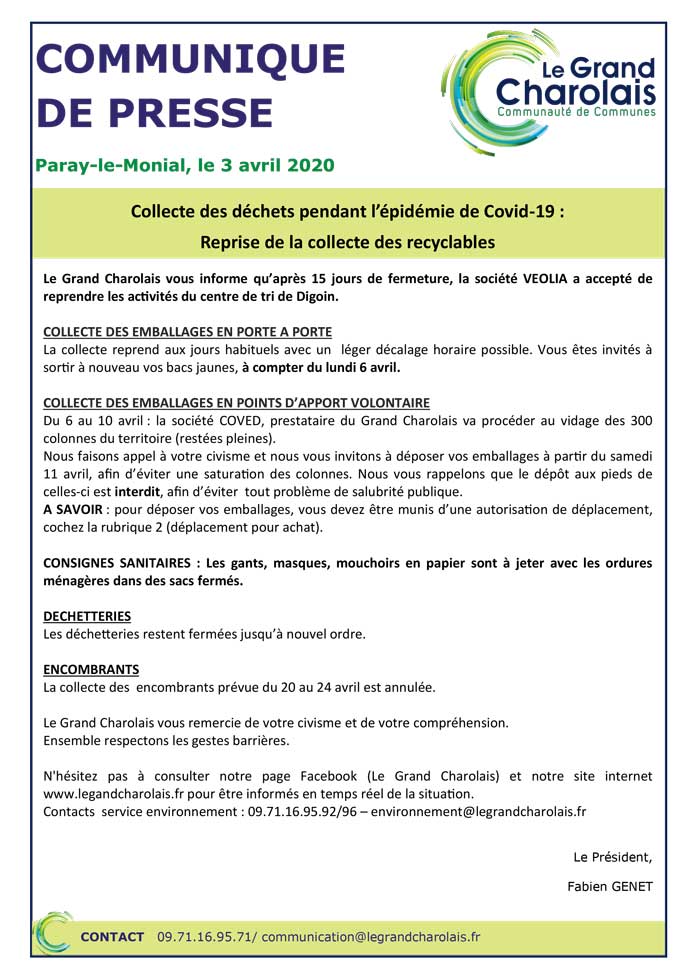 Communiqué de presse portant sur la reprise de la collecte des déchets durant la période de confinement COVID-19