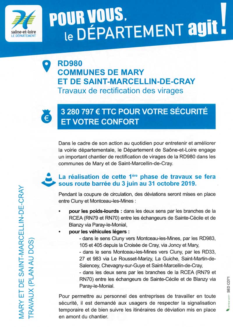 Note d'information numéro 1 sur le chantier de la RD980 du 3 juin au 31 octobre 2019