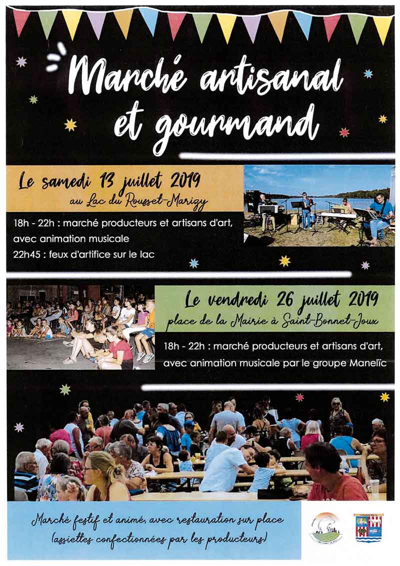 Affiche marché artisanal et gourmand du 13 juillet 2019 au Lac du Rousset